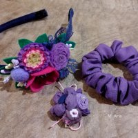 Комплект фиба диадема и скрънчи в лилаво Лилава фиба  Диадема с цветя в лилаво Ръчна Изработка , снимка 1 - Аксесоари за коса - 43420282