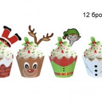 12 бр Коледни кошнички декори с топери за мъфини кексчета украса парти Коледа, снимка 1 - Други - 30534016