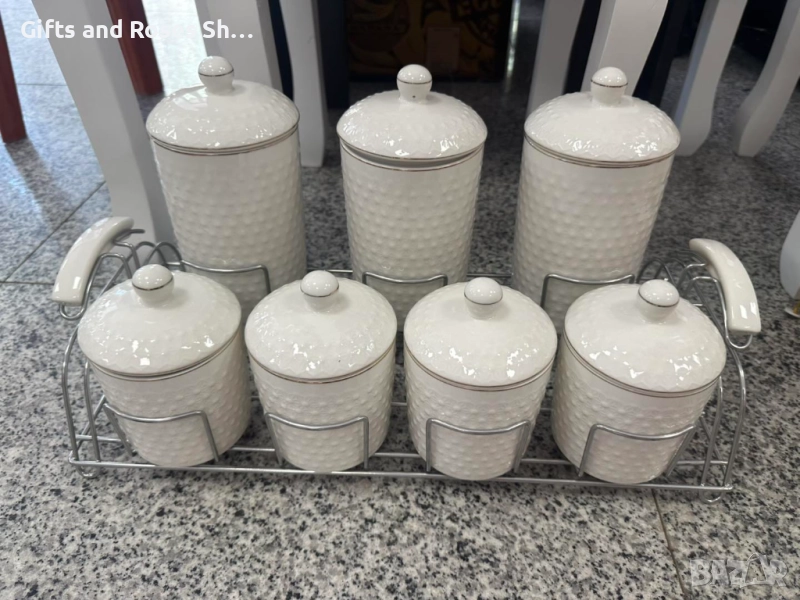 Порцеланов комплект от 7 буркана за съхранение с метална поставка в сребърно, снимка 1