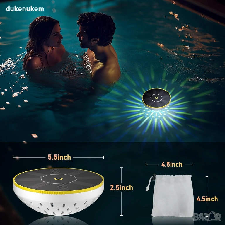 Соларнa плаващa RGB LED лампa за басейн с автоматично включване, водоустойчивa, снимка 1
