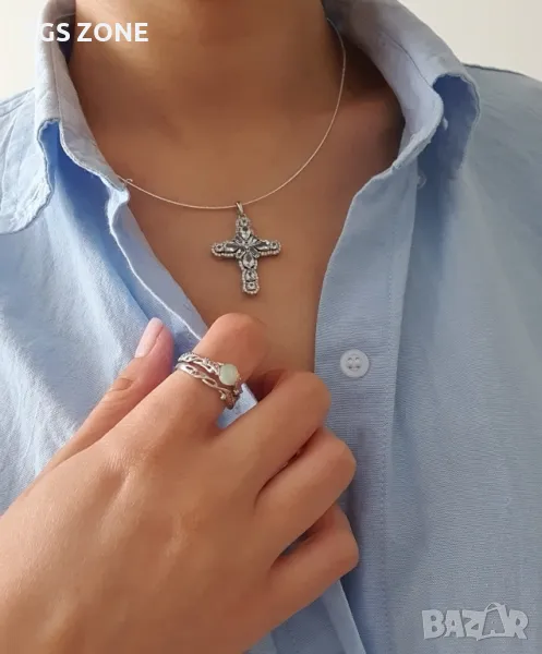 Сребърен Кръст с Естествени Топази Light Blue 🩵, снимка 1