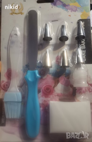 Сладкарски комплект метална шпатула силиконова четка дюзи пош шприц за крем декор торта, снимка 1