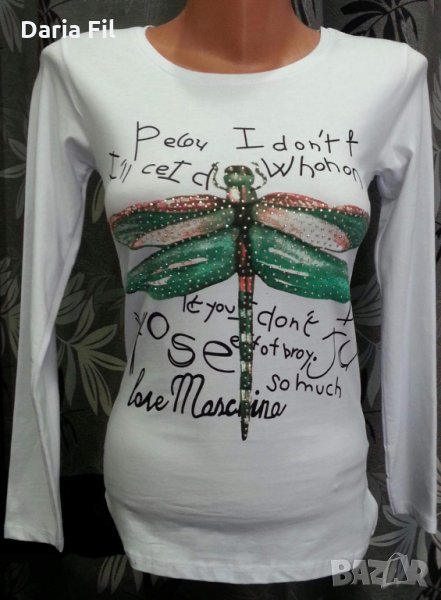 Бяла вталена блуза трико с щампа водно конче, украсено с камъчета , снимка 1