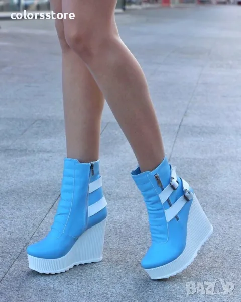 Боти на платформа - синя кожа с бяло ходило - B2001, снимка 1