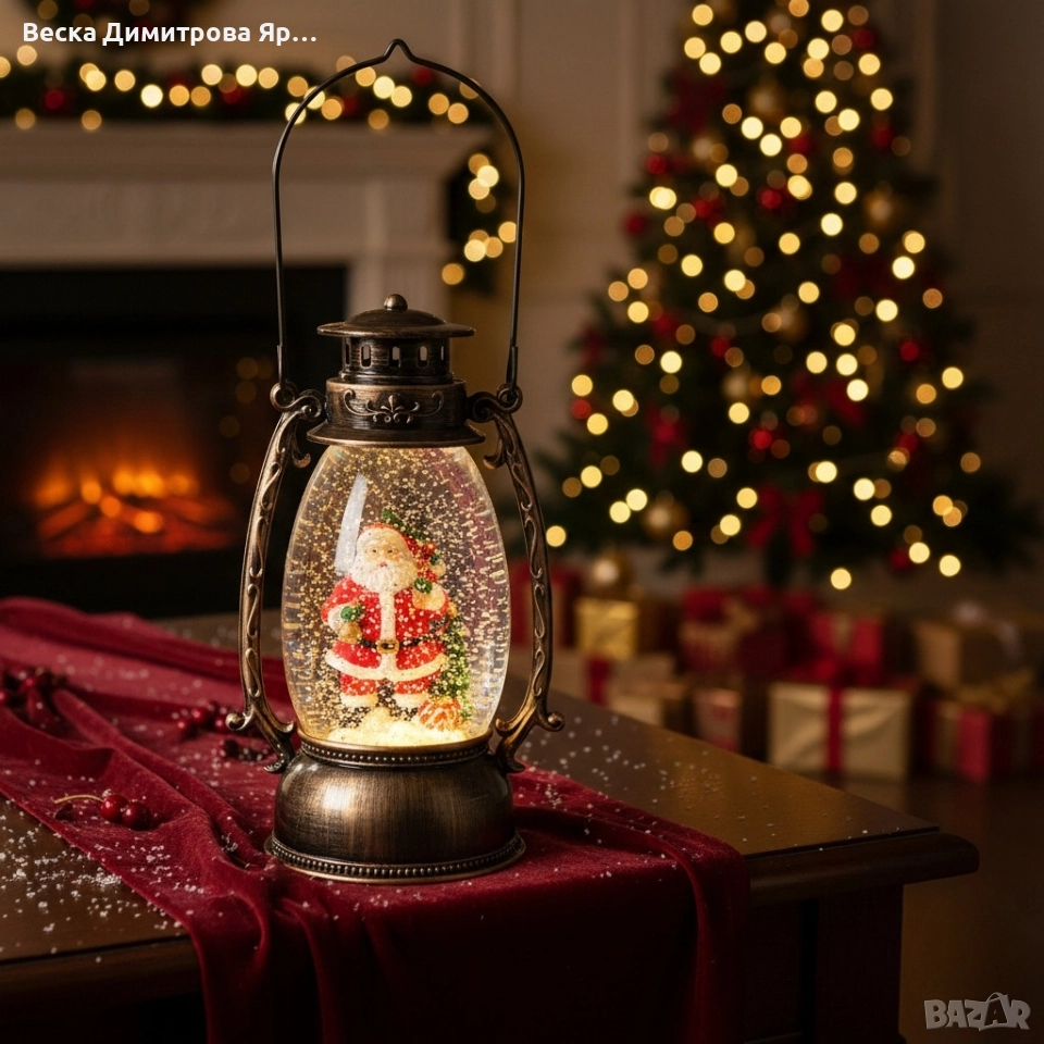Коледен декоративен фенер – LED светлина, въртяща се фигурка на Дядо Коледа, снеговалеж и музика, снимка 1
