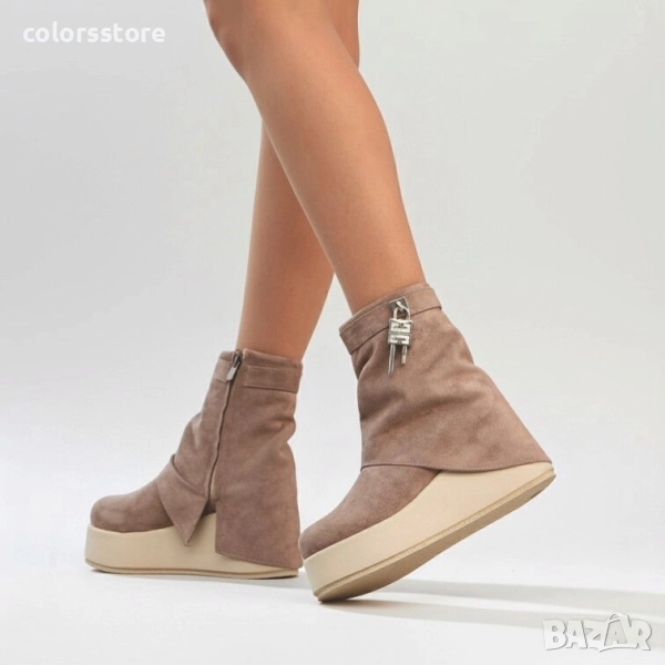 Боти на платформа - кафяв велур - DHG55 , снимка 1