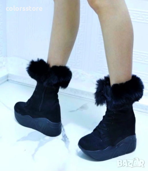 Боти на платформа - черен велур с черен пух и черно ходило - BPH1, снимка 1