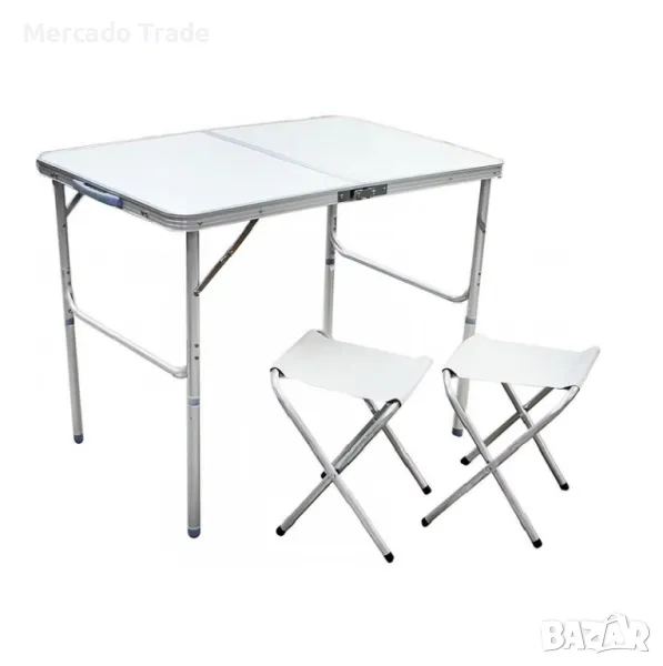 Маса за Къмпинг + 2 броя Столове, Сив-Бял, снимка 1