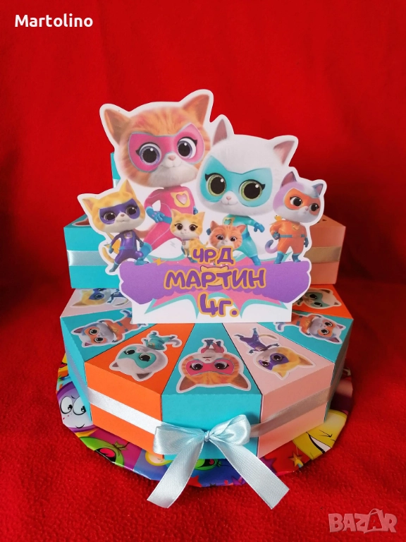 Картонена торта Супер котета и маски, снимка 1