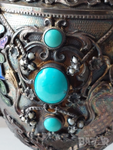 Стара Антикварна Сребърна кана за вода/сребро 925 проба,емайл,тюркуази/чаша,сребро/, снимка 9 - Аксесоари за кухня - 52316145