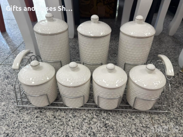 Порцеланов комплект от 7 буркана за съхранение с метална поставка в сребърно, снимка 1