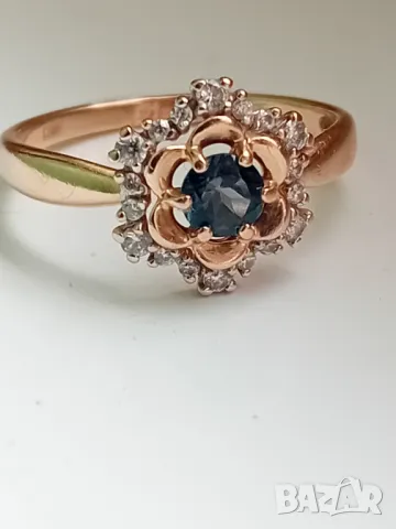 Руски златен пръстен с естествен топаз и фианити с форма на цвете, снимка 2 - Пръстени - 49784159