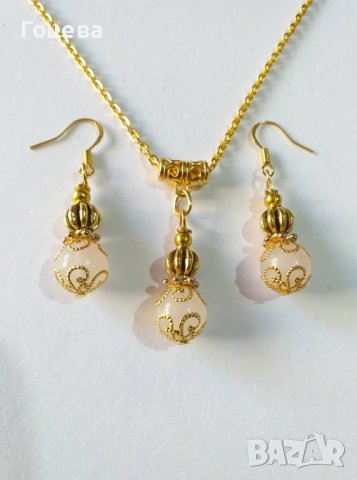 Красивият ни нов комплект бижута с камъни Бял кварц и богати орнаменти в цвят злато , снимка 5 - Бижутерийни комплекти - 35117281