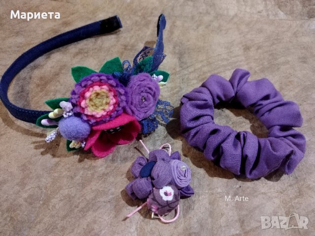 Комплект фиба диадема и скрънчи в лилаво Лилава фиба  Диадема с цветя в лилаво Ръчна Изработка 