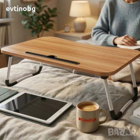 Мултифункционална Сгъваема Масичка за Лаптоп и Легло – С поставка за Таблет, Чаша и Телефон, Преноси, снимка 6 - Други стоки за дома - 53882309