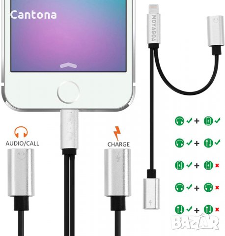 Lightning адаптер за iPhone към Lightning и 3,5 мм, за слушалки и за зареждане, снимка 3 - USB кабели - 34221727