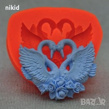 2 разперени Лебеда Лебед Лебеди с рози силиконов молд форма калъп фондан шоколад гипс, снимка 2 - Форми - 36963432