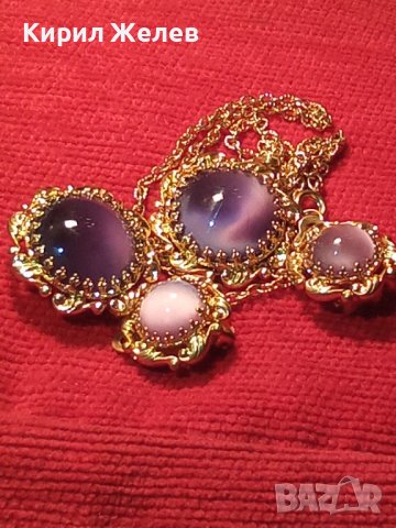 ПОЗЛАТЕНИ КОЛИЕ ОБЕЦИ БРОШКА БРОНЗ с ЮВЕЛИРНО ШЛИФОВАНО КОТЕШКО ОКО АРТ ДЕКО ПРЕКРАСНИ БИЖУТА 27967, снимка 2 - Бижутерийни комплекти - 37115412