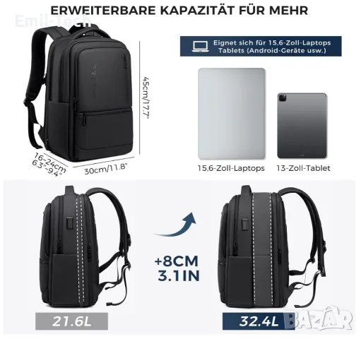 Разширяема раница за лаптоп 15.6″ 32.4L USB-A / USB-C, снимка 2 - Раници - 55960820