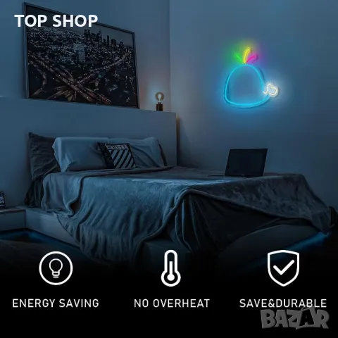 LED неонова табела Blue Whale за стенен декор, захранване от USB с димер, снимка 7 - Лед осветление - 49944969
