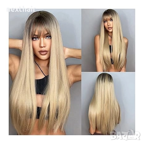 Стилна синтетична перука русо омбре с тъмни корени и бретон, 70 см, снимка 2 - Аксесоари за коса - 52567828