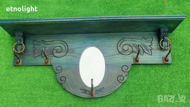 Уникална старинна антикварна дървена закачалка с рафт, огледало и дърворезба , снимка 3 - Декорация за дома - 52209265