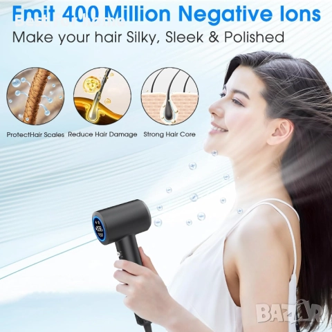 KARAFUN Йонен сешоар, 2200 W с накрайник за бързо сушене, HD екран, снимка 4 - Сешоари - 52178238