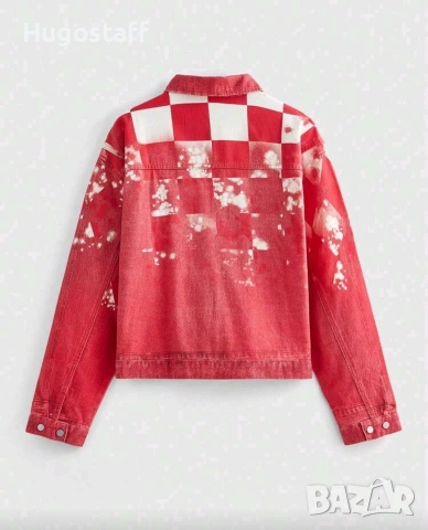 Ново мъжко дънково яке червено шах деним памук ХЛ, снимка 2 - Якета - 53092651