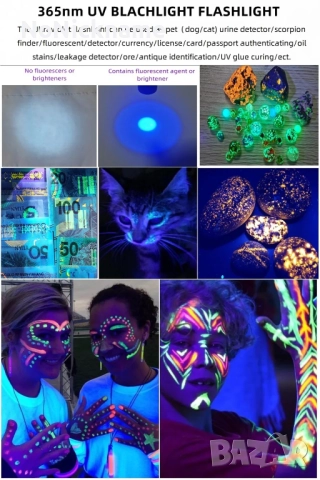 Alonefire 365nm UV Фенер акумулаторна флуоресцентна лампа за откриване на петна, течове масло, пари, снимка 10 - Лед осветление - 52662592