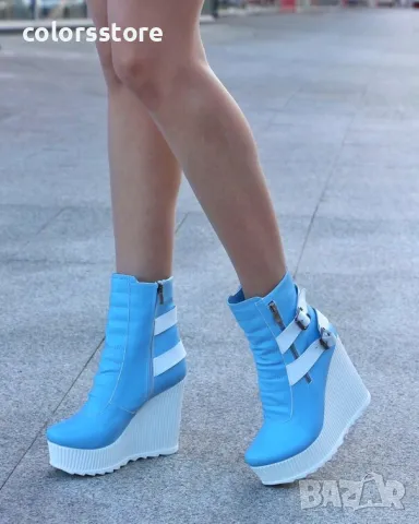 Боти на платформа - синя кожа с бяло ходило - B2001
