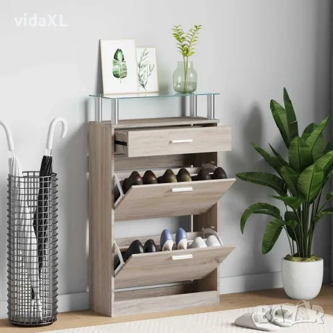 vidaXL Шкаф за обувки с чекмедже, горен стъклен плот, дърво, дъб, снимка 2 - Шкафове - 56146353