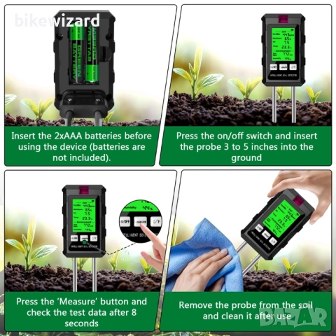 6-в-1 тестер за почва, pH метър, плодородие, температура, светлина, влажност – градина НОВ, снимка 4 - Градинска техника - 52642386