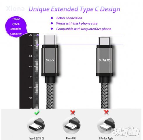 Кабел Type C с удължен  (дълъг) конектор (порт) 10 мм, снимка 2 - USB кабели - 31978316