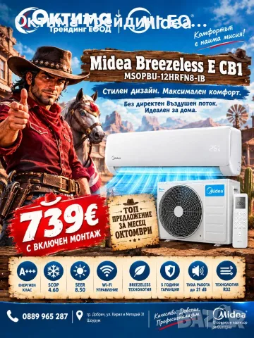 Инверторен стенен климатик с изкуствен интелект Midea Breezeless E CB1-12HRFN8-I(B)