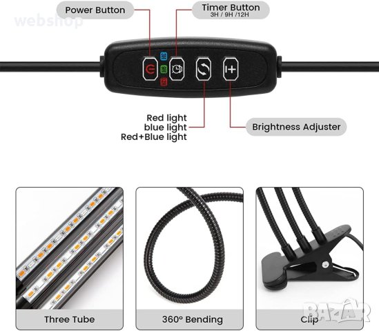 Комплект от 3 БРОЯ UV лампа за отглеждане на растения с 3 гъвкави крака – 3х40W, снимка 7 - Други - 42660532