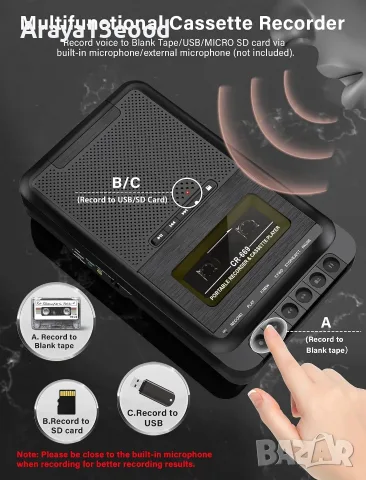 Преносим касетофон и конвертор Gracioso – касети към MP3, USB и TF карта, снимка 6 - Радиокасетофони, транзистори - 56112761