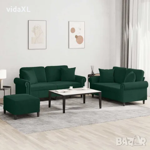 vidaXL Комплект дивани 3 части с възглавници, тъмнозелен, кадифе, снимка 2 - Дивани и мека мебел - 56146768