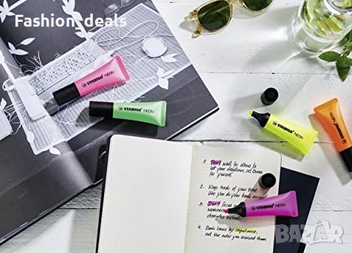 Нов Комплект STABILO NEON маркери - 32бр, 5 неонови цвета, клиновиден връх 2-5mm, снимка 7 - Други - 42743479