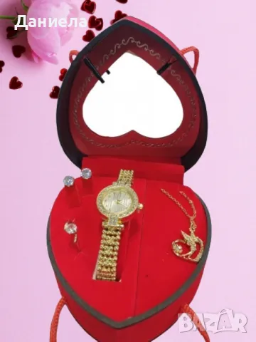 Луксозен дамски комплект - Бижута и елегантен часовник в сърцевидна кутия, снимка 3 - Други - 48672615