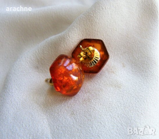 Деликатни кехлибарени обици със сребро и позлата, снимка 3 - Обеци - 39950579