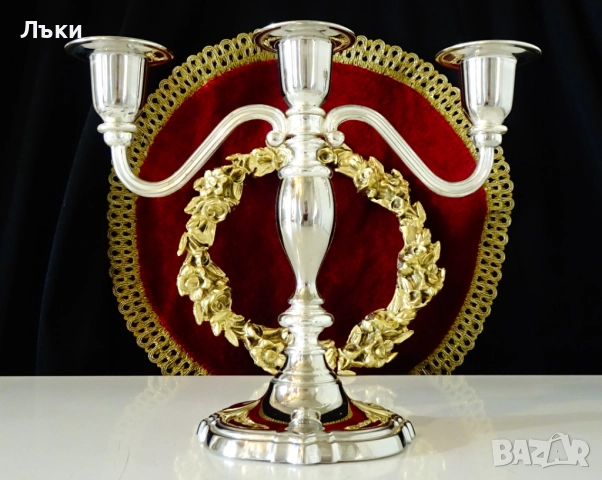 Посребрен троен свещник,викториански свещник тройка. 