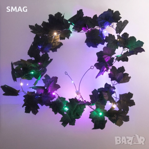 Halloween / Хелоуин гирлянд с черни листа и цветни LED светлини, 2 м_1255743