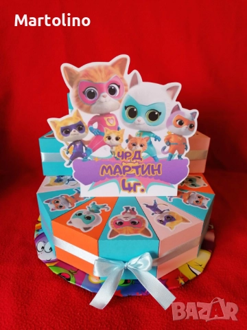 Картонена торта Супер котета и маски