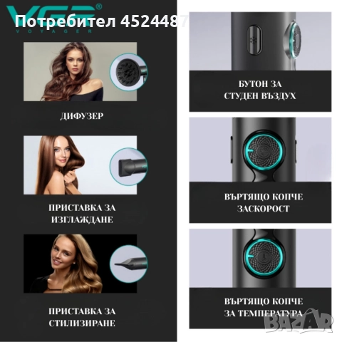 Професионален сешоар VGR с BLDC мотор 110 000 RPM , снимка 5 - Сешоари - 52746066