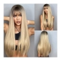 Стилна синтетична перука русо омбре с тъмни корени и бретон, 70 см, снимка 2