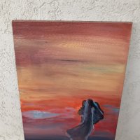 Картина "Залез" - маслени бои на платно- 50/31см, снимка 5 - Антикварни и старинни предмети - 39013165