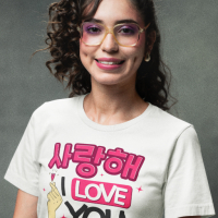 Дамска памучена тениска с щампа "I Love You" - "Salanghae" на Корейски, снимка 3 - Тениски - 44569164
