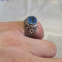стар мъжки сребърен пръстен, стар голям османски величествен пръстен с филигран син камък, турски, снимка 7 - Пръстени - 29453542