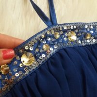 УНИКАЛНО КРАСИВА рокля в кралскосин цвят, обшита със сребристи и златисти камъчета, снимка 3 - Рокли - 42143024