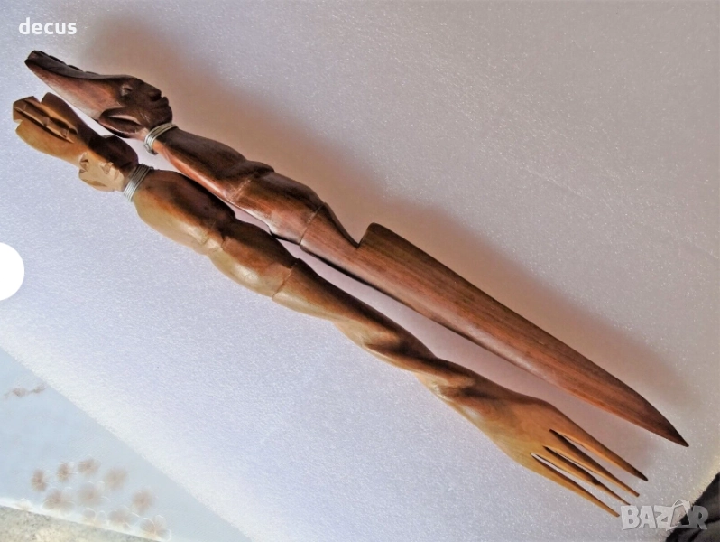 Африкански ръчно резбовани глави на нож и вилица - дървени, снимка 1